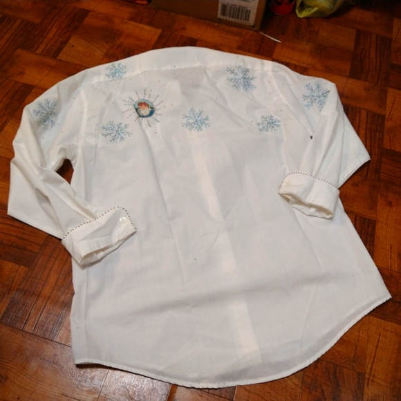 Vintage Christmas Santa Deer Snowflake Glittery White Button Up Blouse Women's S - Picture 5 of 7